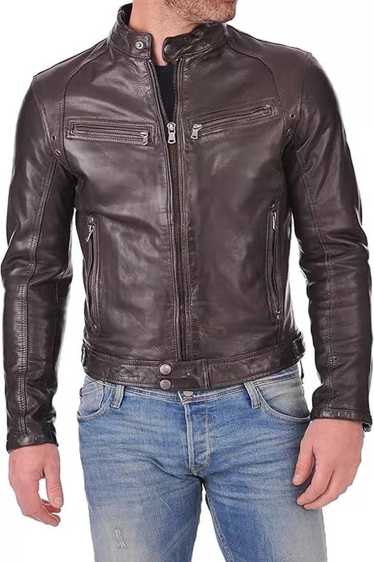 Men's genuine brown leather biker jacket – classic cafe racer style