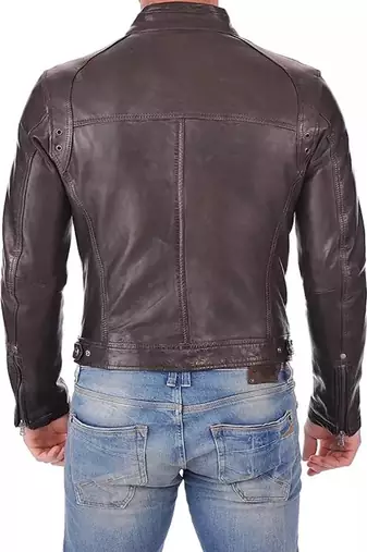 men's brown lambskin cafe racer jacket band collar racer style