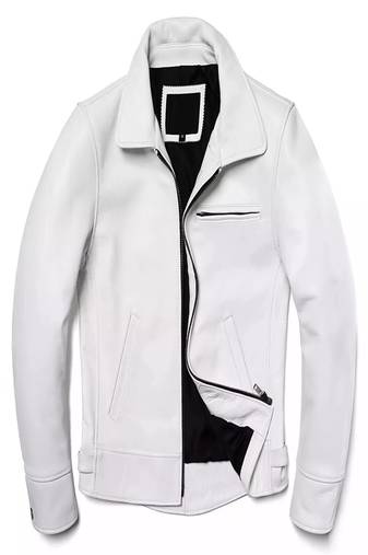 Men’s white genuine leather jacket – slim fit zip-up biker style coat with minimal design