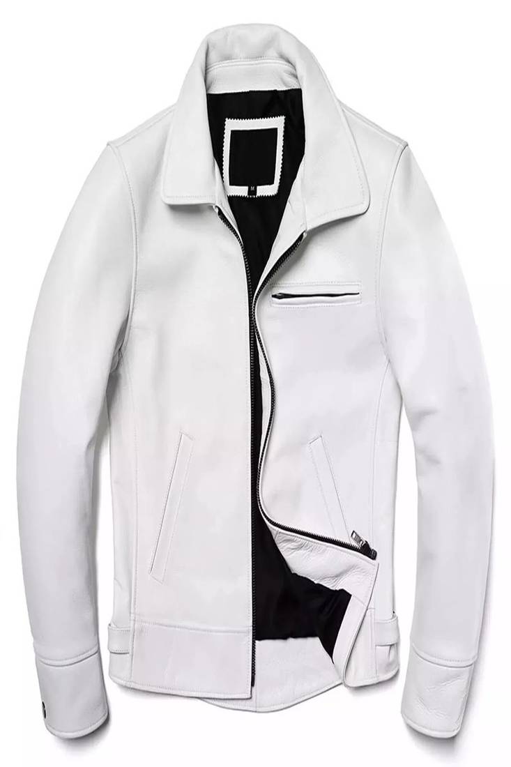 Men’s white genuine leather jacket – slim fit zip-up biker style coat with minimal design