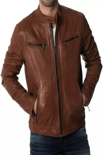 Men's brown leather genuine  leather biker jacket  cafe racer style