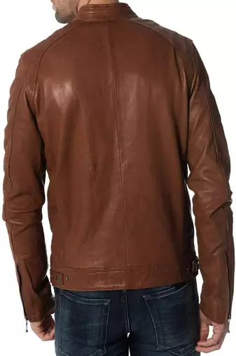 men's brown lambskin cafe racer jacket band collar racer style premium
