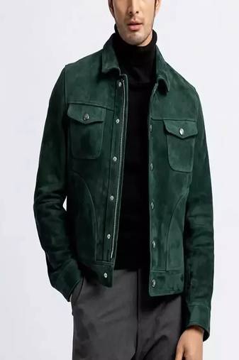 men's green suede leather blazer jacket classic zip up style