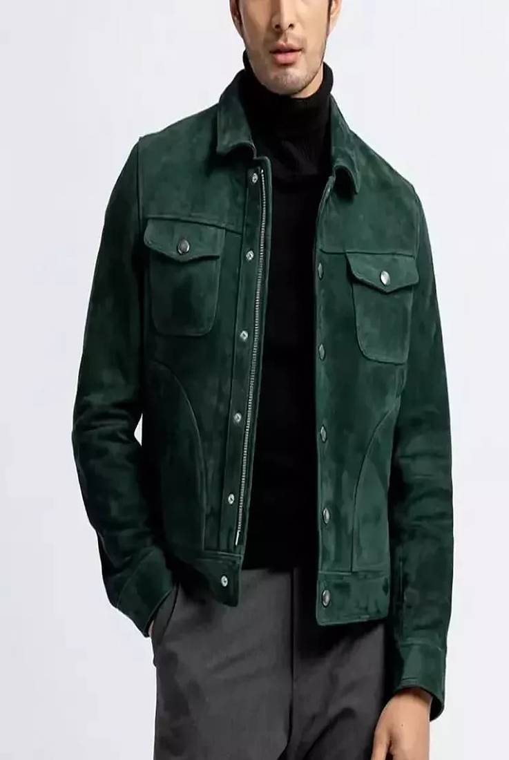 Men’s premium green suede leather blazer jacket casual smart coat