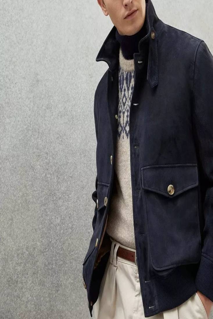 Men’s premium suede leather blazer jacket  navy blue casual smart coat button pocket