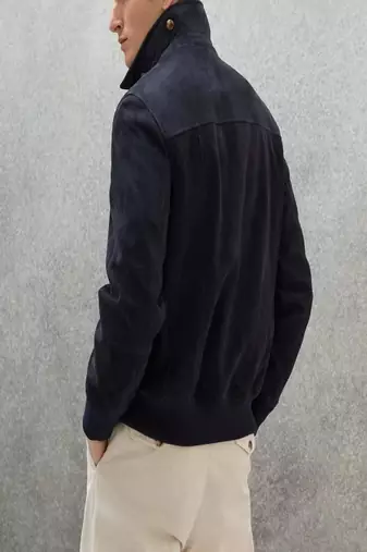 men's navy blue suede leather blazer jacket classic zip up