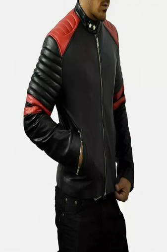 Men’s slim fit black & red quilted design leather biker jacket slim fit moto style zip-up jacket