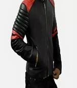 Men’s slim fit black & red quilted design leather biker jacket slim fit moto style zip-up jacket