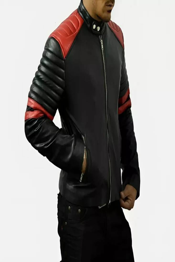 Men’s slim fit black & red quilted design leather biker jacket slim fit moto style zip-up jacket