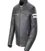 Men's genuine black quilted design leather biker jacket cafe racer style