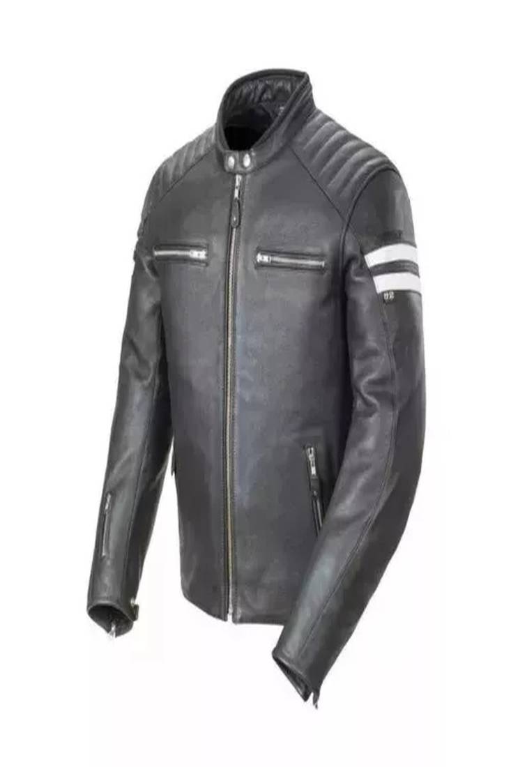 Men's genuine black quilted design leather biker jacket cafe racer style