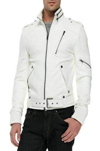 Men's off white genuine leather jacket motorcycle biker zipper buckle