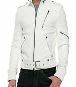 Men's off white genuine leather jacket motorcycle biker zipper buckle