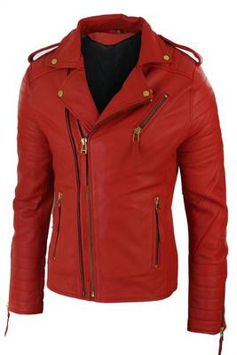 men's red lambskin leather biker jacket asymmetrical zip closure 1