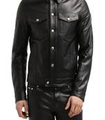 Men's genuine black leather biker jacket  button classic