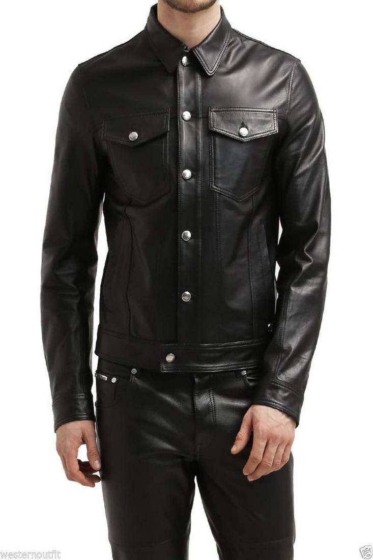 Men's genuine black leather biker jacket  button classic