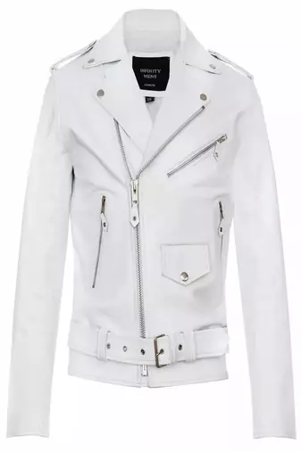 Men's white  genuine leather biker jacket asymmetrical zip classic motorcycle coat