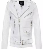 Men's white  genuine leather biker jacket asymmetrical zip classic motorcycle coat