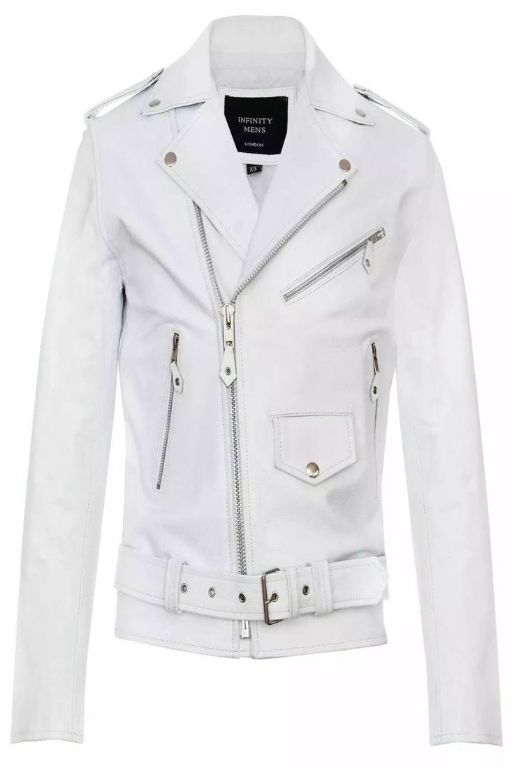 Men's white  genuine leather biker jacket asymmetrical zip classic motorcycle coat