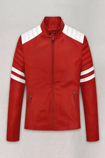Men’s red leather biker jacket with white quited slim fit motorcycle zip-up jacket with stripe detail
