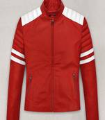 Men’s red leather biker jacket with white quited slim fit motorcycle zip-up jacket with stripe detail