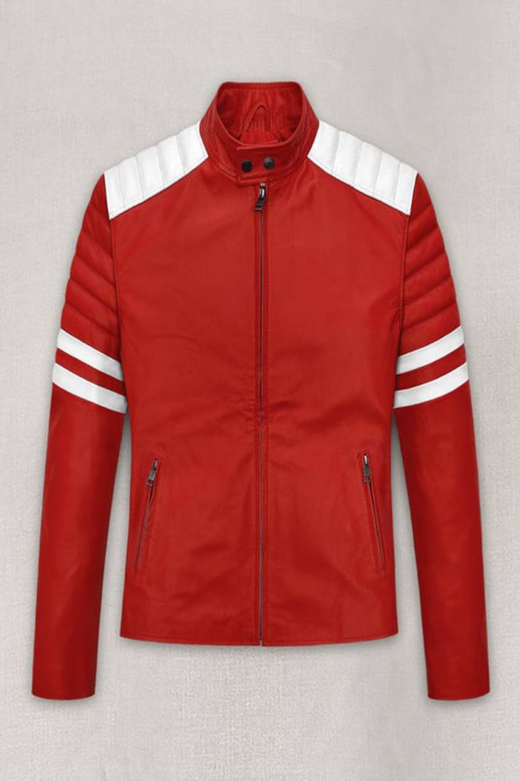 Men’s red leather biker jacket with white quited slim fit motorcycle zip-up jacket with stripe detail