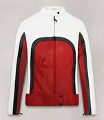 Men’s leather biker jacket slim fit moto style zip-up jacket with white black stripe