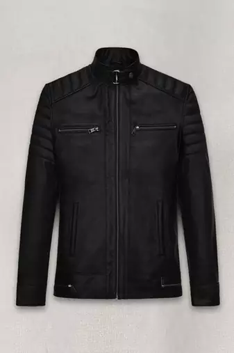 Men's  black leather biker jacket classic zipper cafe racer style