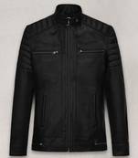 Men's  black leather biker jacket classic zipper cafe racer style