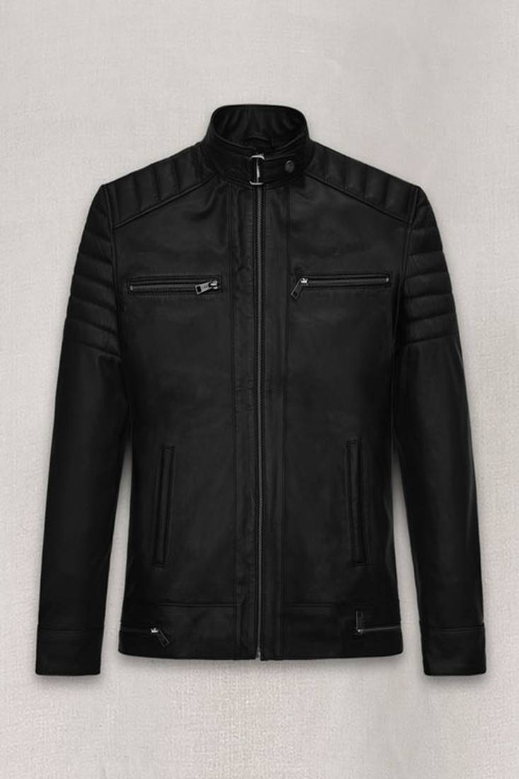 Men's  black leather biker jacket classic zipper cafe racer style