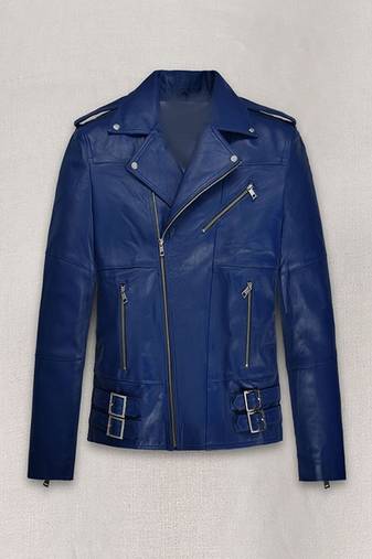 Men’s blue leather biker jacket slim fit moto style zip-up buckle jacket