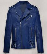 Men’s blue leather biker jacket slim fit moto style zip-up buckle jacket
