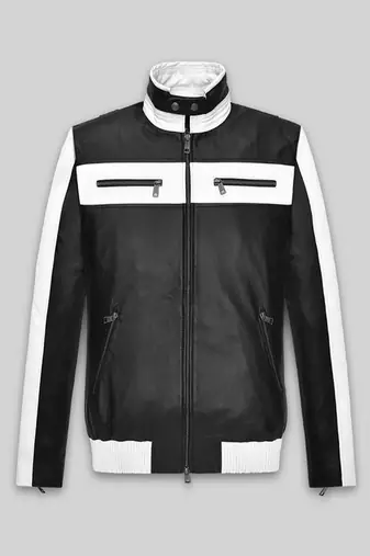Men’s white & black  leather biker jacket slim fit moto style zip-up jacket