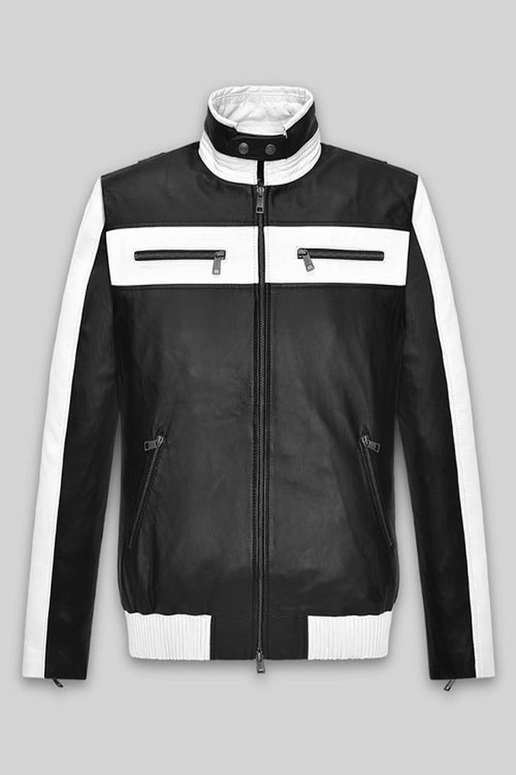 Men’s white & black  leather biker jacket slim fit moto style zip-up jacket