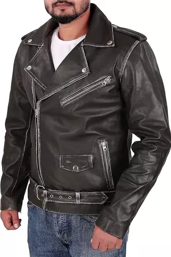 Men’s leather biker jacket  slim fit moto style zip-up buckle jacket
