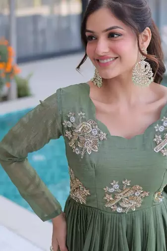 Pista beads embroidered work silk blend stitched kurta