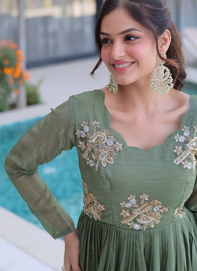 Pista beads embroidered work silk blend stitched kurta