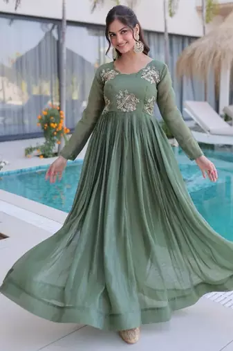 Pista beads embroidered work silk blend stitched kurta