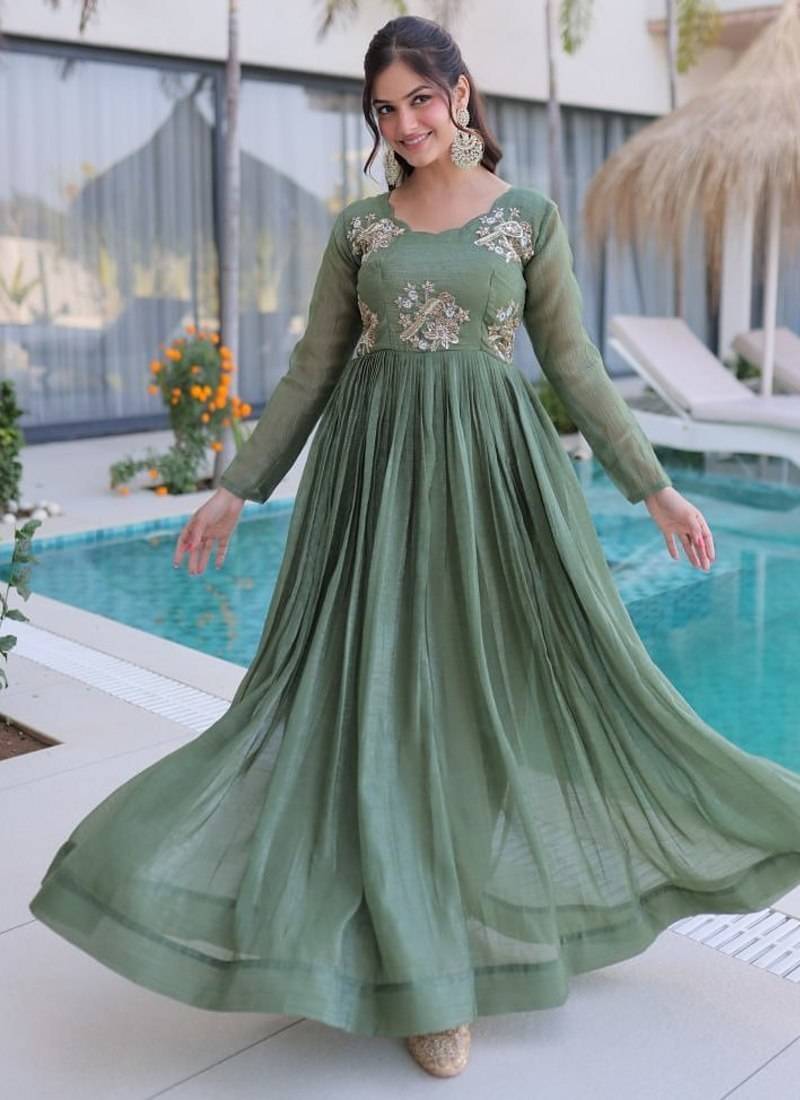 Pista beads embroidered work silk blend stitched kurta