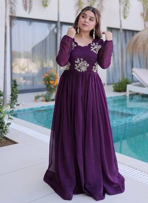 Purple beads embroidered work silk blend stitched kurta 1