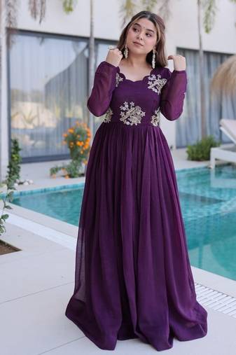 Purple beads embroidered work silk blend stitched kurta