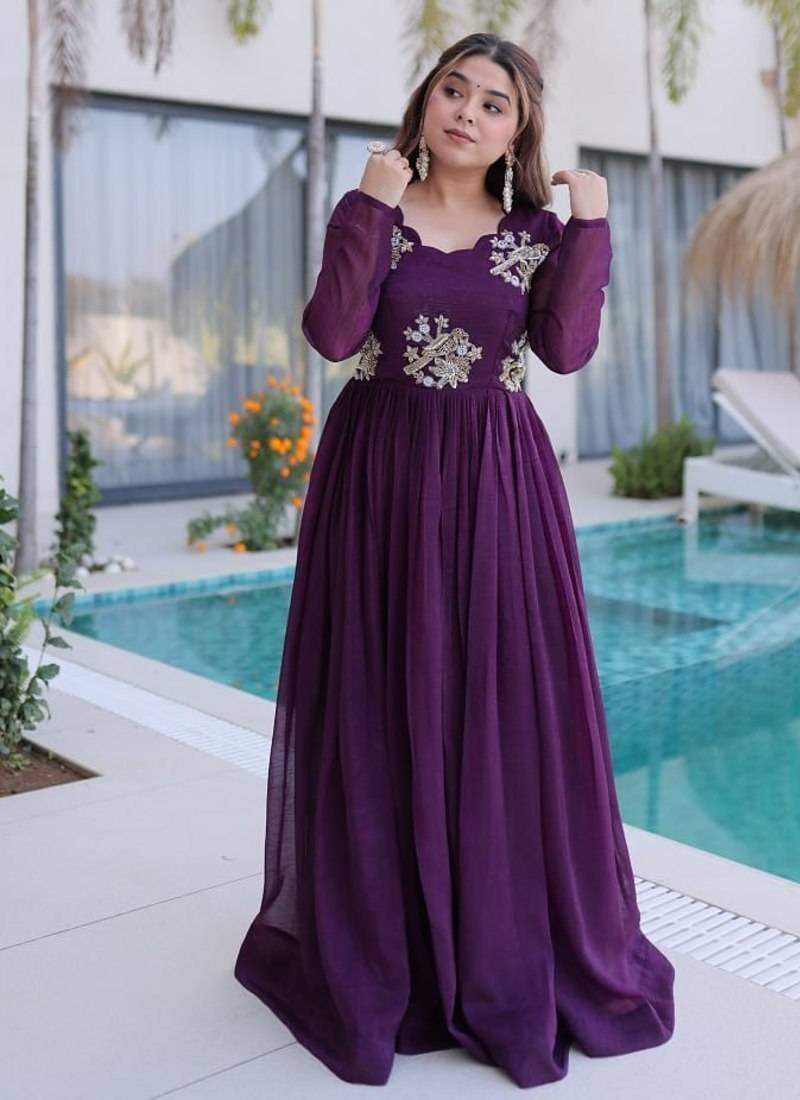 Purple beads embroidered work silk blend stitched kurta