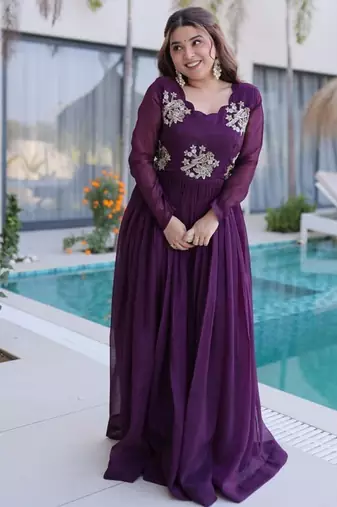 Purple beads embroidered work silk blend stitched kurta