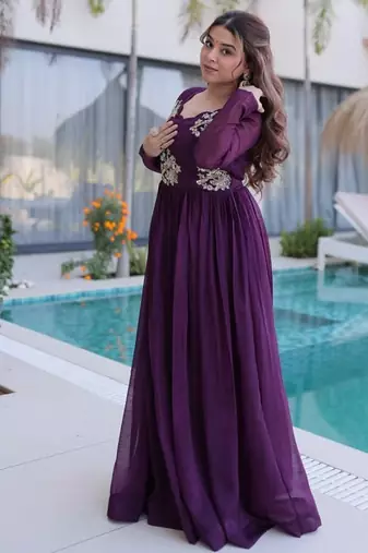 Purple beads embroidered work silk blend stitched kurta