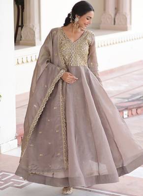 Cofee & sequins embroidered work silk blend stitched kurta & dupatta 1