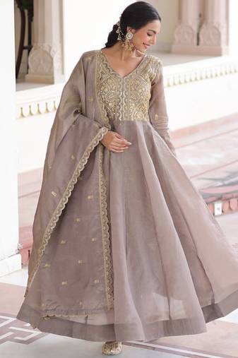 Cofee & sequins embroidered work silk blend stitched kurta & dupatta