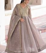 Cofee & sequins embroidered work silk blend stitched kurta & dupatta