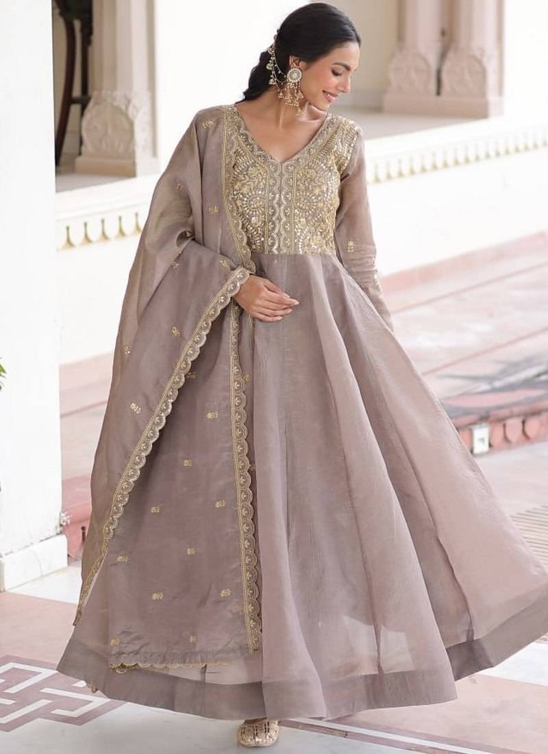 Cofee & sequins embroidered work silk blend stitched kurta & dupatta