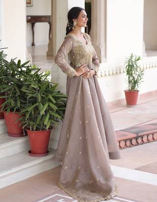 Cofee & sequins embroidered work silk blend stitched kurta & dupatta 2