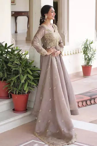 Cofee & sequins embroidered work silk blend stitched kurta & dupatta